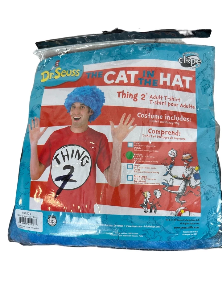Dr Seuss Gato en el Sombrero Adulto Halloween Disfraz Cosa 2 Camiseta Azul Peluca Mediana Foto 2 de 4