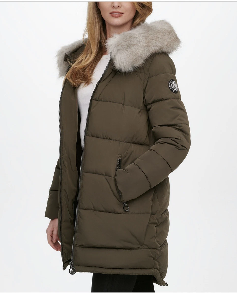 275 DKNY Womens Faux Fur Trim Hooded Puffer Coat Size M