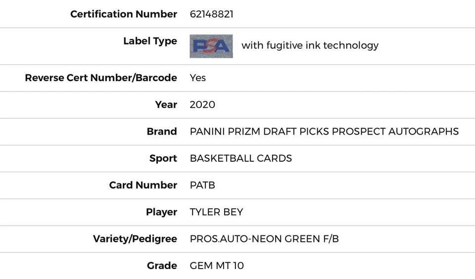 2020 Panini Prizm DP Tyler Bey Rookie 4/5 Auto Neon Green PSA 10 Gem Mint Pop 1 - Image 3 of 3
