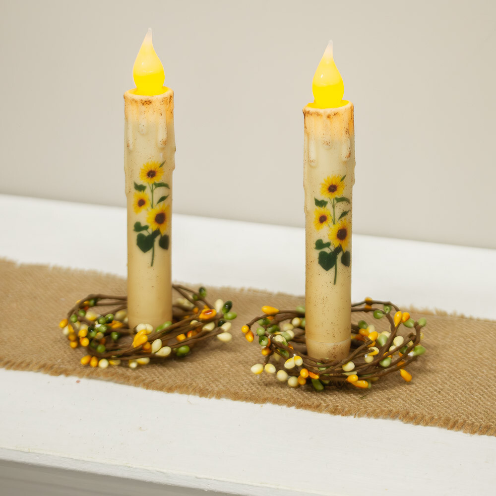 Set of 2 Sunflower LED Battery Operated Taper Candles & Pip Berry