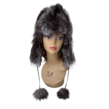 Surell Genuine Blue Fox Fur Trim Quilted Trapper Hat Black with fur Pom Poms