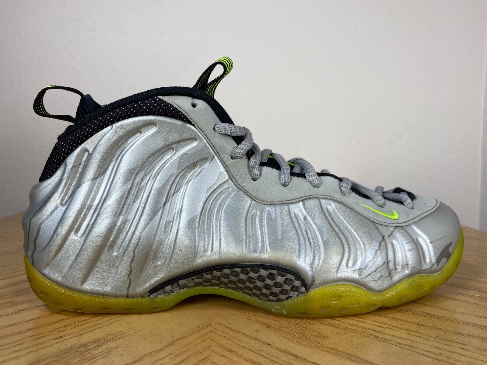 silver and lime green foamposites
