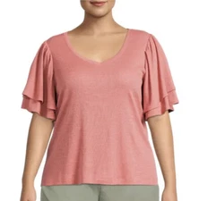 Terra & Sky T-Shirt Flutter Sleeve Top Size 0X  (14W ) Pink Camelia NEW