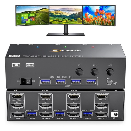 8K@60Hz HDMI+Displayport KVM Switch 3 Monitors 3 Computers USB 3.0 KVM Swticher - Afbeelding 3 van 27