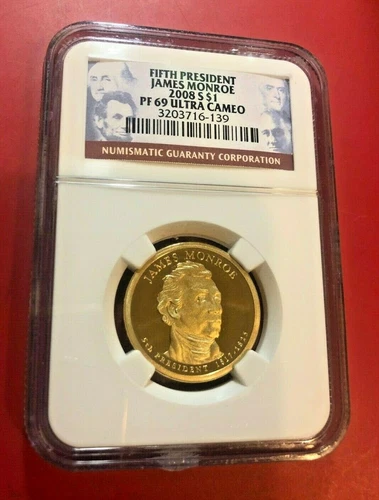 FIFTH PRESIDENT JAMES MONROE 2008 S DOLLAR NGC PF 69 ULTRA CAMEO
