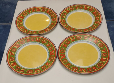 4 Formation Metal Enamelware 11'' Plates ''Tuscan Summer'' Scroll Pattern