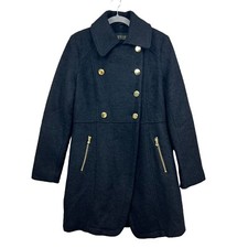 Guess Black Peacoat Jacket Wool Blend Double Breasted Gold Buttons Zip Women M