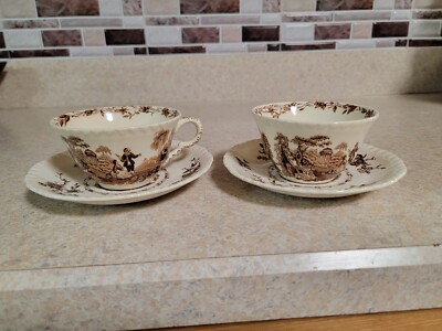 Mason Watteau Brown Tea Cup And Saucer Lot Of 2