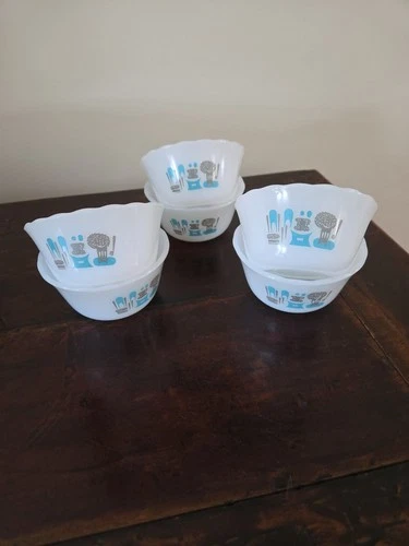 6 Vintage 50s Fire King Bowl Ramekin Custard Dish Blue Heaven Aqua Milk Glass
