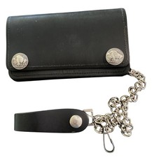 Leather Biker Trucker Wallet W/ 12" Chain Buffalo Nickel Snap Closure Zip Black
