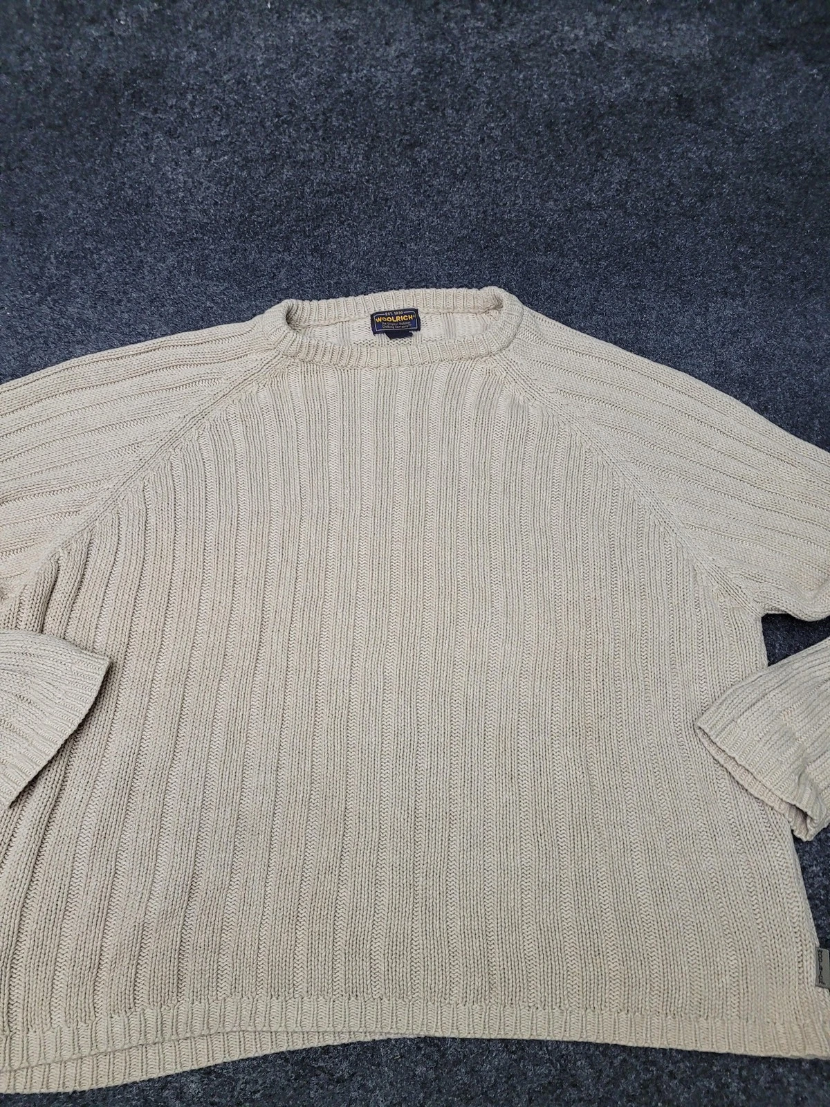 Woolrich Sweater Mens XL Beige Chunky Knit Crewneck Ramie Cotton Pullover Casual
