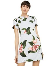 MNG Mango Blue Floral Textured Mini Dress XS 6 8 Tie Back Keyhole Summer Holiday
