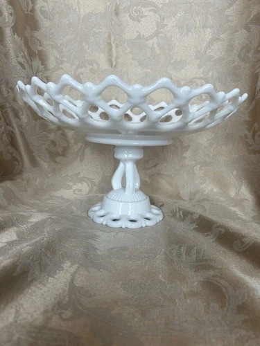 Elegant Pierced Reticulated Westmoreland Pedestal Milk Glass Compote Cake Stand