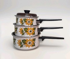 Vintage Emaliowany zestaw rondla z pokrywkami i kwiatowym wzorem Retro Nalia kuchenne Retro