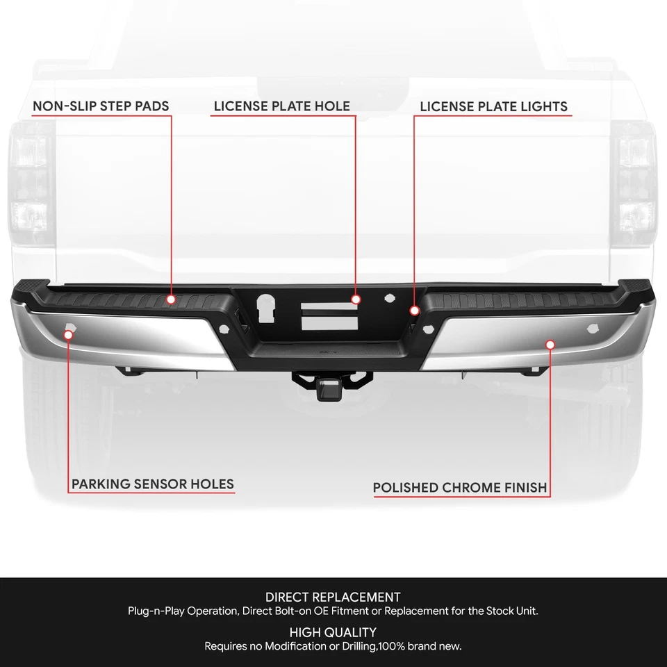 For 2021-2023 Ford F150 Rear Step Bumper Assembly w/ Park Sensor Holes Chrome - Image 2 of 4