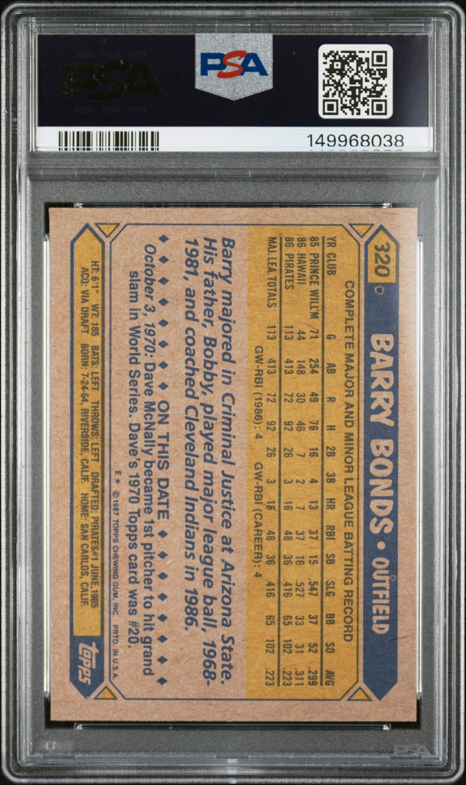 1987 TOPPS #320 BARRY BONDS ROOKIE RC PSA 6 view 2
