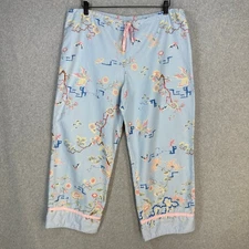 Natori Women's Sleepwear Pants Large Blue Floral Cotton Loungewear Drawstring