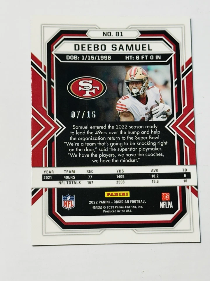 2022 Panini Obsidian - Deebo Samuel #81 Electric Etch Purple Flood SSP  /16🔥 - Image 2 of 4