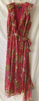 LAUREN Ralph Lauren DRESS 2, SLEEVELESS PINK FLORAL WRAP DRESS, BELOW KNEE, MINT
