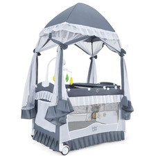 4 in 1 Pack and Play with Canopy, Portable Baby Playard with Bassinet, Double-La