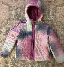 Adidas Girls 7/8 Puffer Jacket Hooded Quilted Insulated Coat Purple 3-Stripes