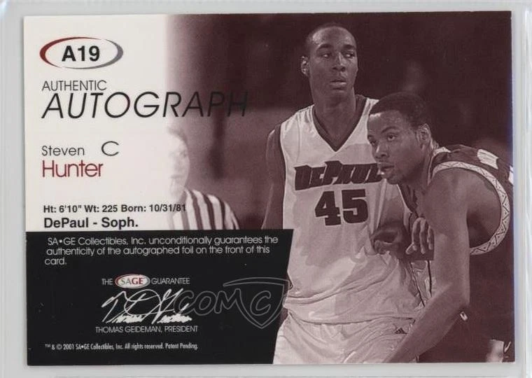 2001 Sage Auto Red /399 Steven Hunter #A19 Rookie Auto RC - Image 2 of 2
