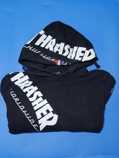 HUF x Thrasher Hoodie Mens Small  Black White Logo All Over Print Skateboard 