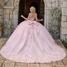 Pink Quinceanera Dress Ball Gown Flowers Applique Beading Bow Corset Sweet 16