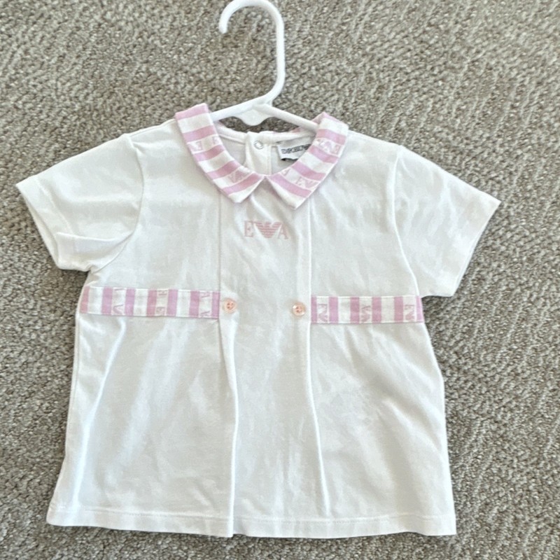 Emporio Armani Baby 9M White Pink Striped Collared Cotton T-Shirt Short Sleeve