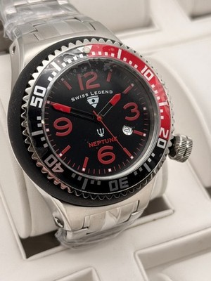 Swiss Legend Neptun Quarz Herrenuhr Taucheruhr Edelstahl Rot Schwarz Datum