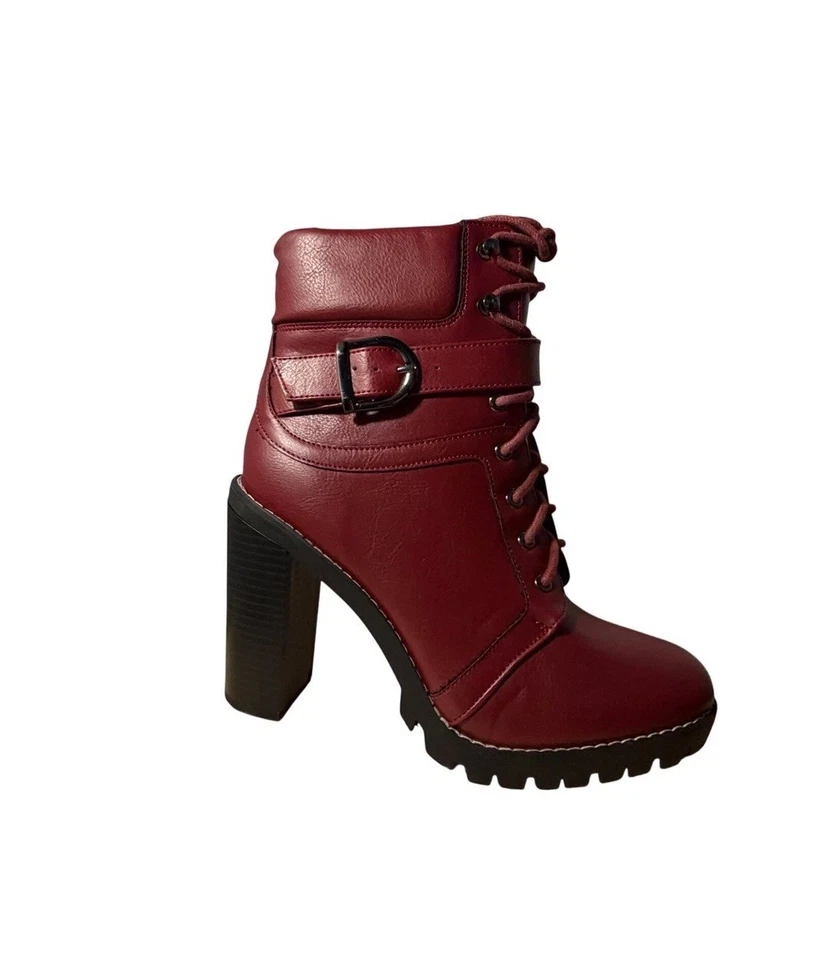 BCBGeneration Padina Burgundy Lace Up Buckle Block Heel Lug Sole Boots 9.5M - Image 2 of 4