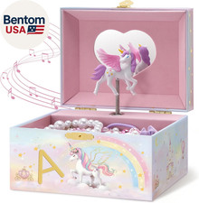 Unicorn Jewelry Box for Girls, Kids Initial Musical Jewelry Organizer with Spinn