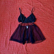 Victoria's Secret Black Lace Sheer Mesh Babydoll Lingerie Chemise Size M