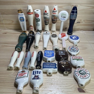 Lot of 28 Draft Beer Tap Handles Bar Decor Bass Elm City Miller Strohs Harp READ