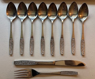 10 pc Customcraft Stainless Floral Flatware 8 Teaspoons 1 Fork 1 Butter knife
