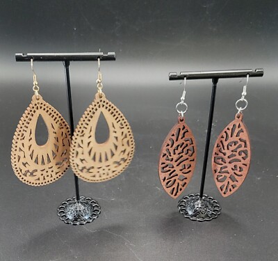 Two Pairs of Beautiful, Lightweight Laser Cut Wood Earrings
