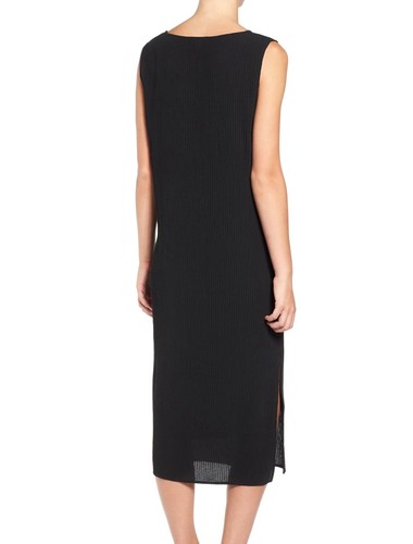 EILEEN FISHER Silk Accordion Jacquard Bateau Neck Shift Dress in Black Medium M - Picture 3 of 5
