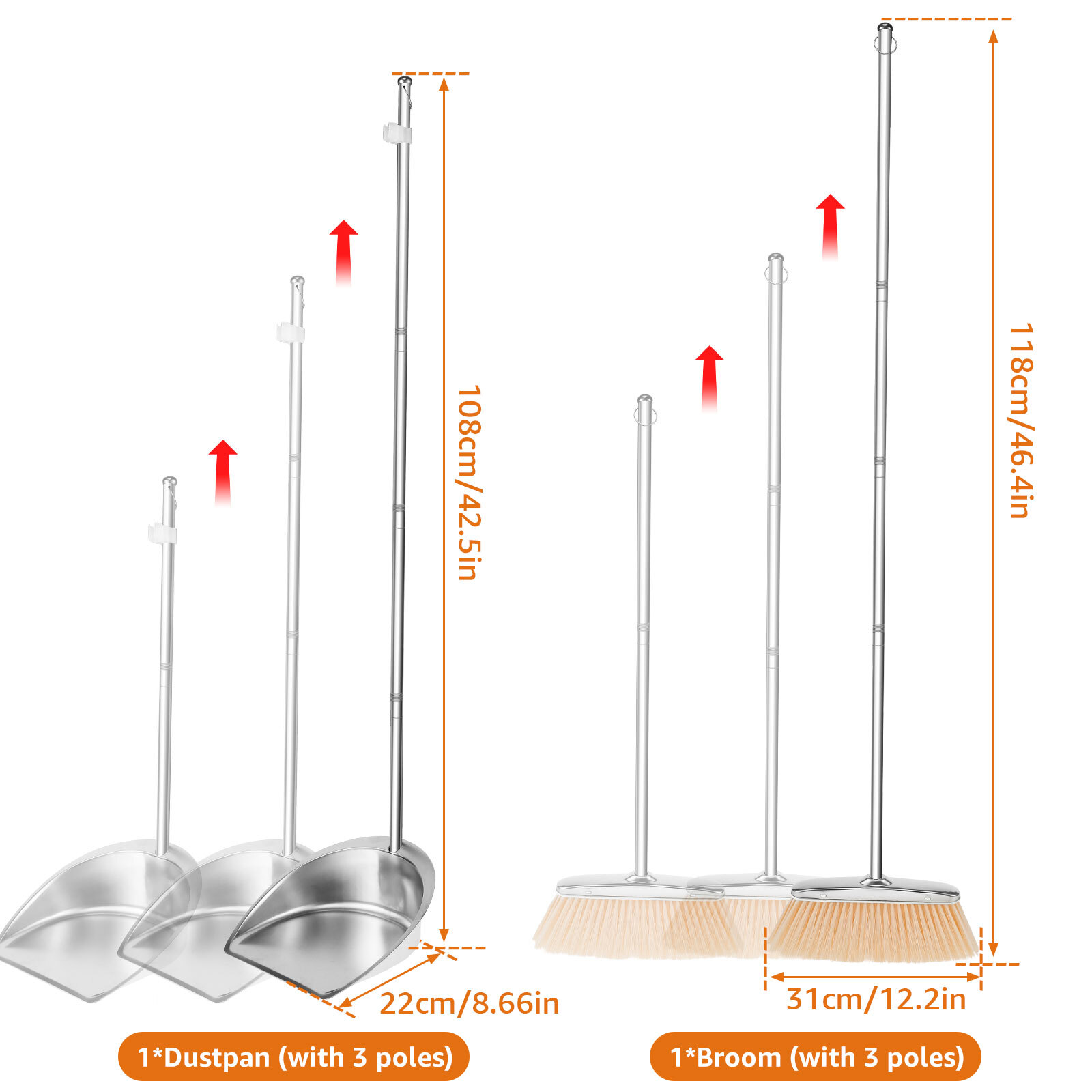 Broom and Dustpan Set Stainless Steel Upright Broom Dustpans with Long