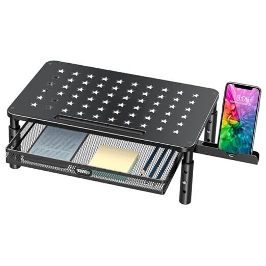 Adjustable Monitor Stand Riser with Metal Mesh Drawer and Phone Holder-image