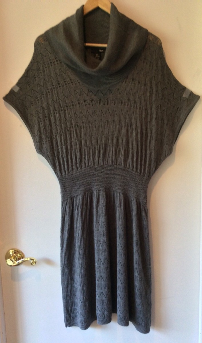 h and m grey sweater dress H. & M Grey Crochet Knit Cowl Neck Short Dolman Sleeves Thin Sweater Dress  Sz Lg