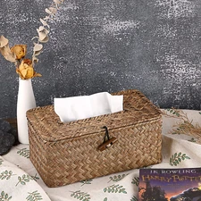 Rectangular Woven Tissue Box Cover, Decorative Seagrass Wicker Tissue Box Holder