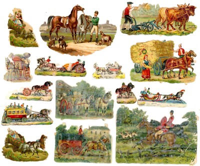 1870s-90s Victorian Die-Cuts Horses Carriages, Oxes, Farming F202