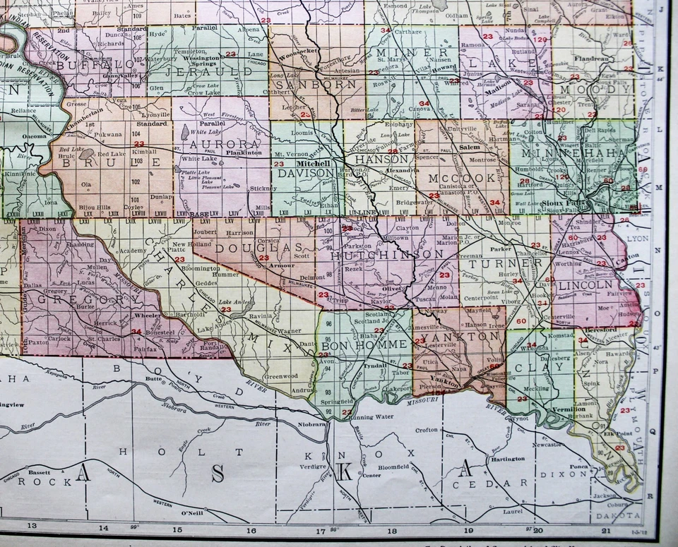 PÁGINA DE MAPA DO ATLAS COMERCIAL RAND MCNALLY DE SOUTH DAKOTA 1913 COM LINHAS FERROVIÁRIAS - Imagem 4 de 4
