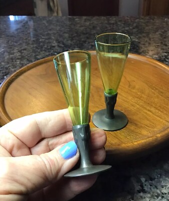 2 ANTIQUE Empoli Glass Cordial Glasses Lime Green Chartreuse Pewter Tulip ITALY
