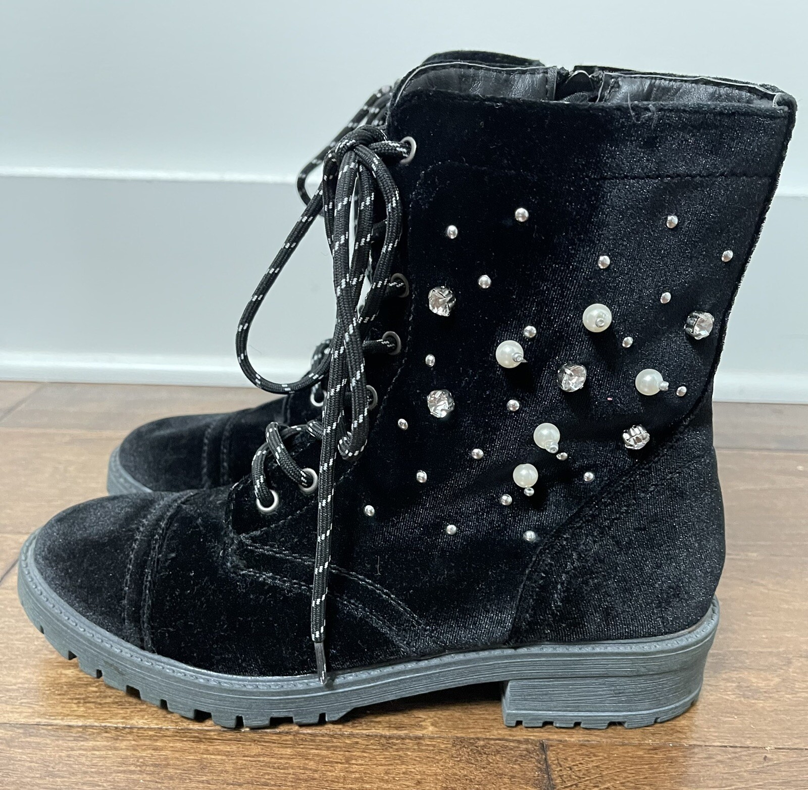 Madden Girl Suede Pearl Jeweled Combat Mid Ankle Lace… Gem