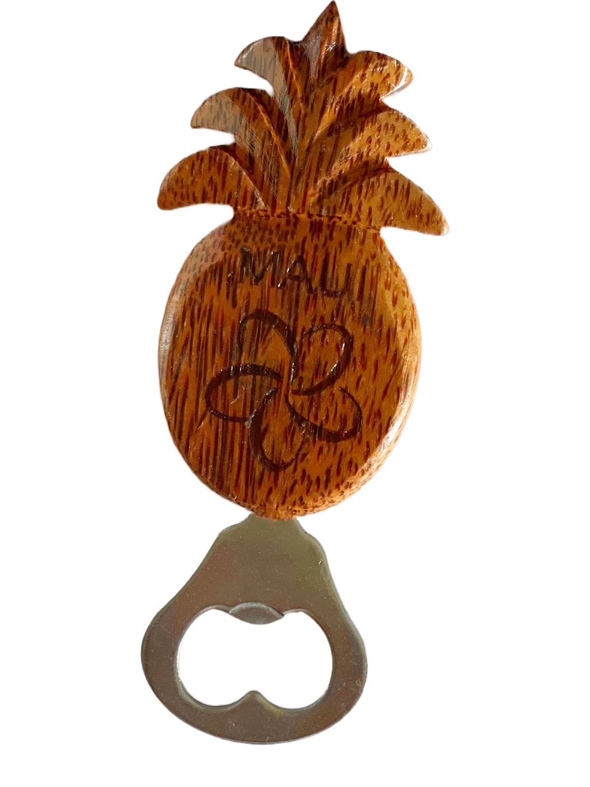 Maui Pineapple Wooden Bottle Opener with Plumeria Design and