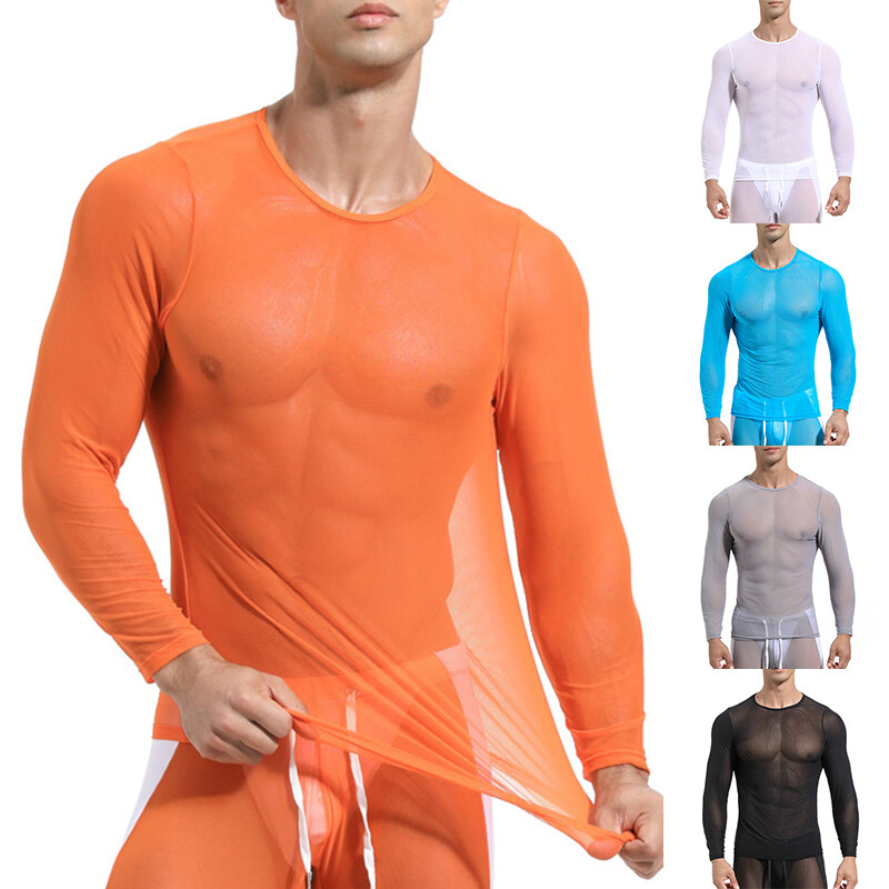 Men Long Sleeve See Through Mesh T Shirts Sexy Muscle Clubwear Blouse Tops Tee ~