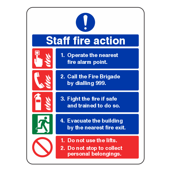Fire Action Notice Sign - Staff Fire Action - 150x200mm - Self Adhesive Vinyl