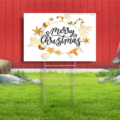 Merry Christmas Gold decor white background yard sign