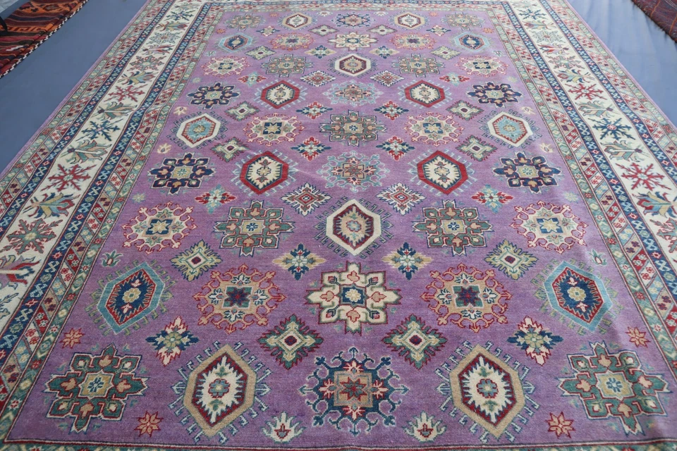 Alfombra kazaja beige púrpura 9x12 alfombra de lana afgana hecha a mano con tintes vegetales para dormitorio Foto 3 de 4